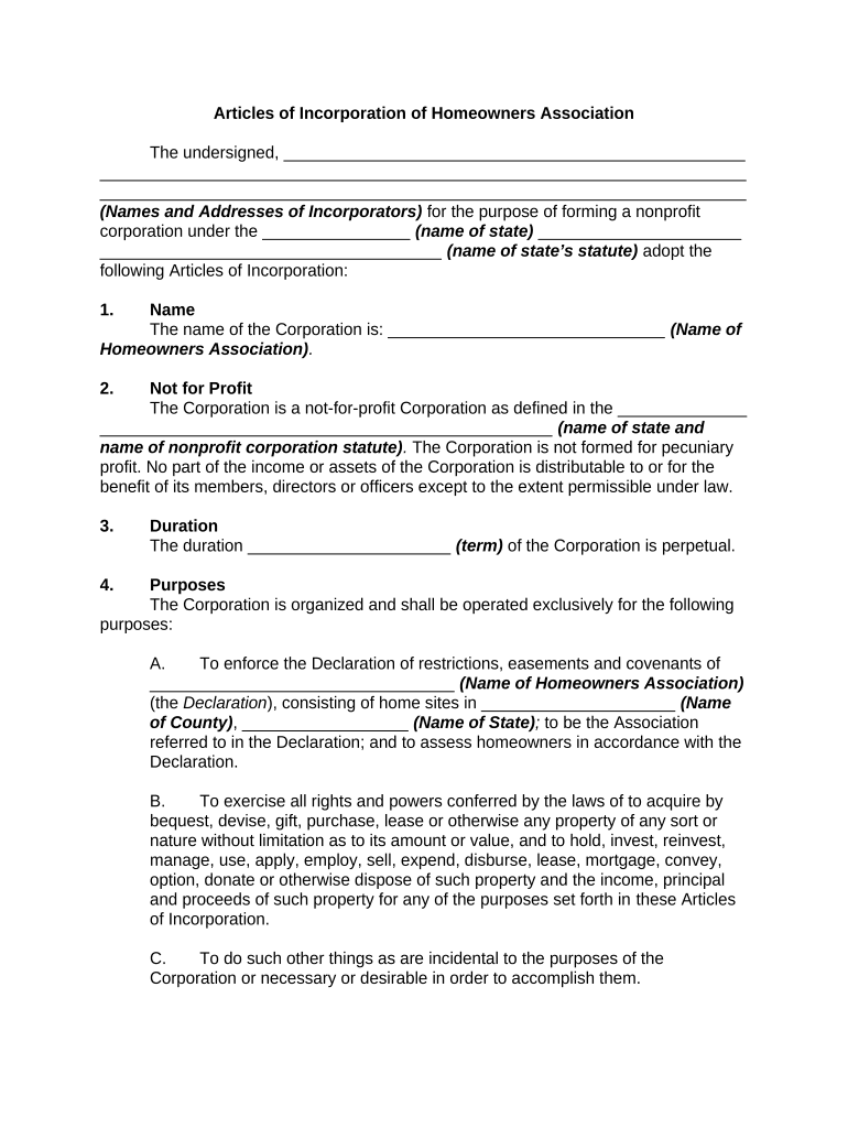 Articles Incorporation Association  Form
