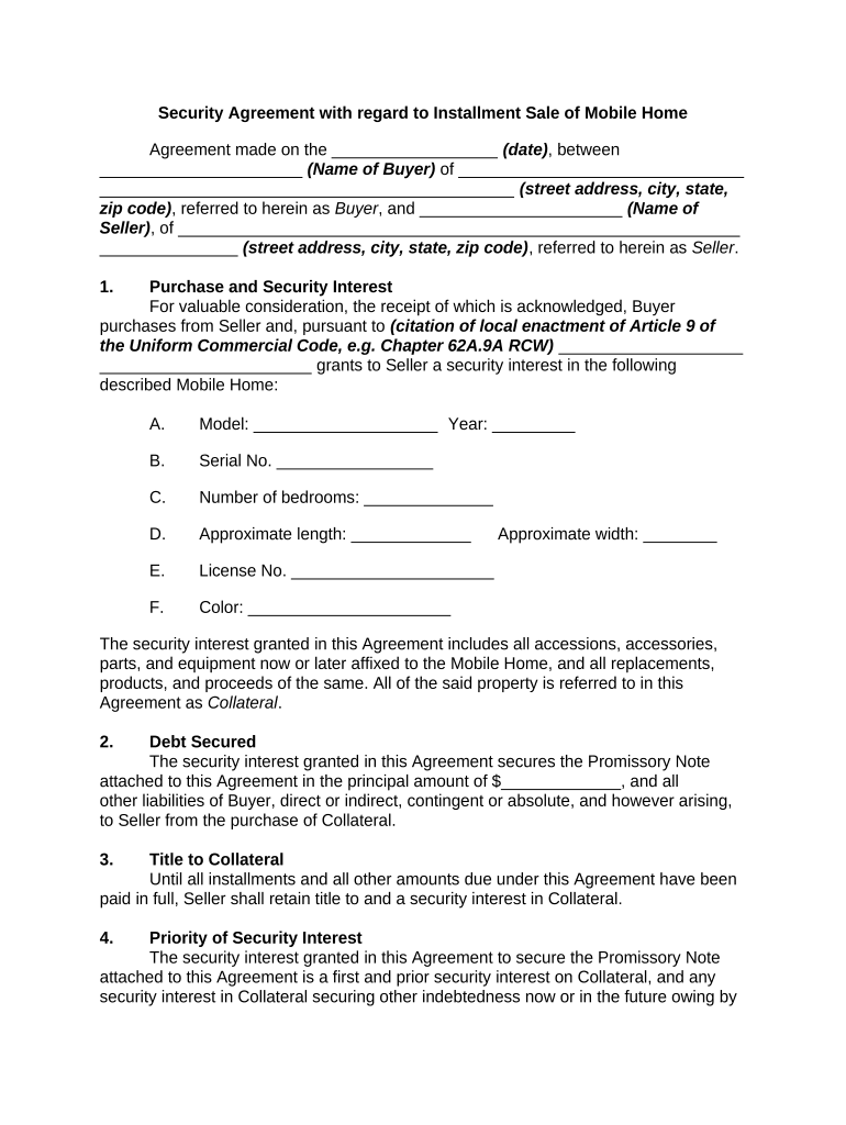 Security Agreement with Regard to Installment Sale of Mobile Home  Form