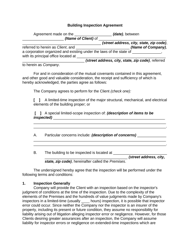 Building Inspection Agreement  Form