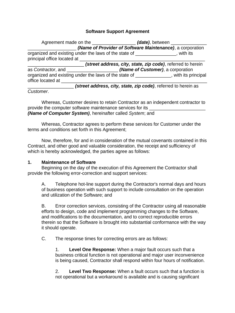 Software Support Agreement Template  Form