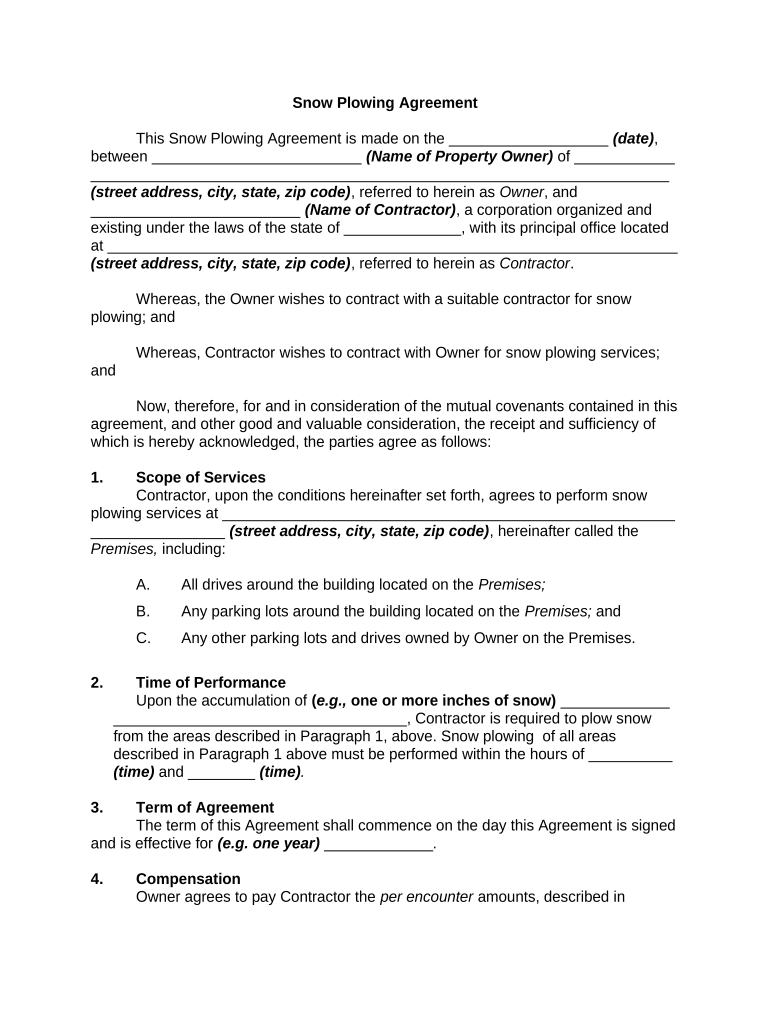 Snow Plowing Agreement  Form