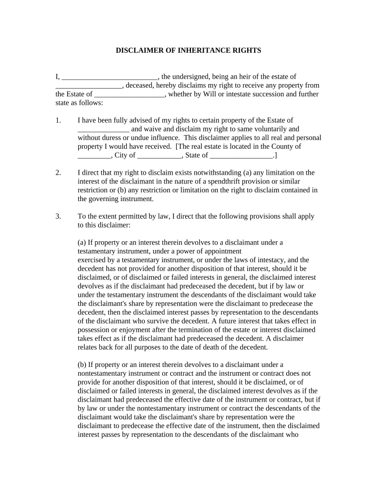 Disclaimer of Right to Inherit or Inheritance All Property from Estate or Trust  Form