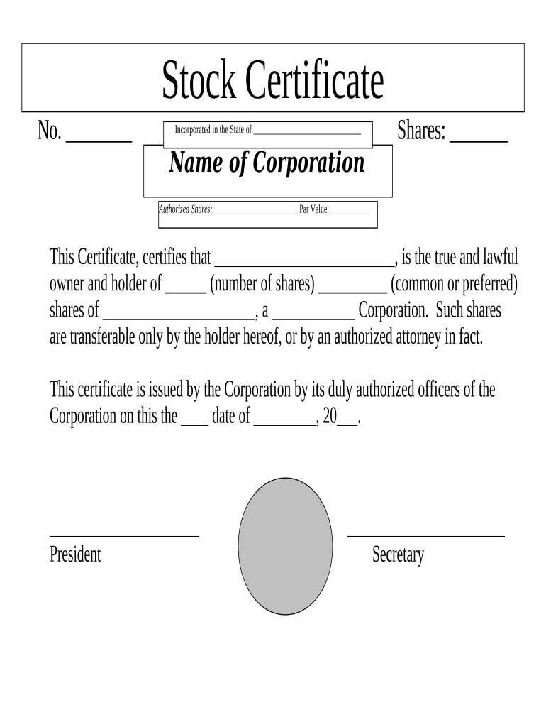 Stock Certificate Corporation  Form