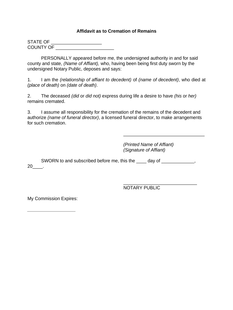 Affidavit as to Cremation of Remains  Form