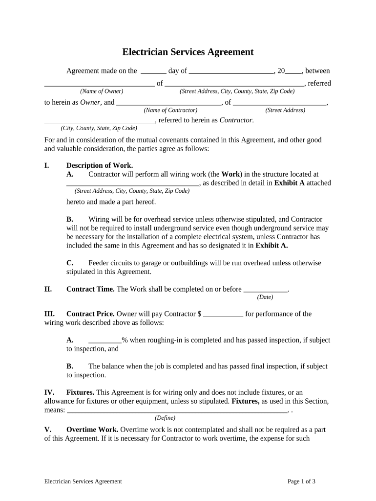 Electrician Agreement Contract  Form
