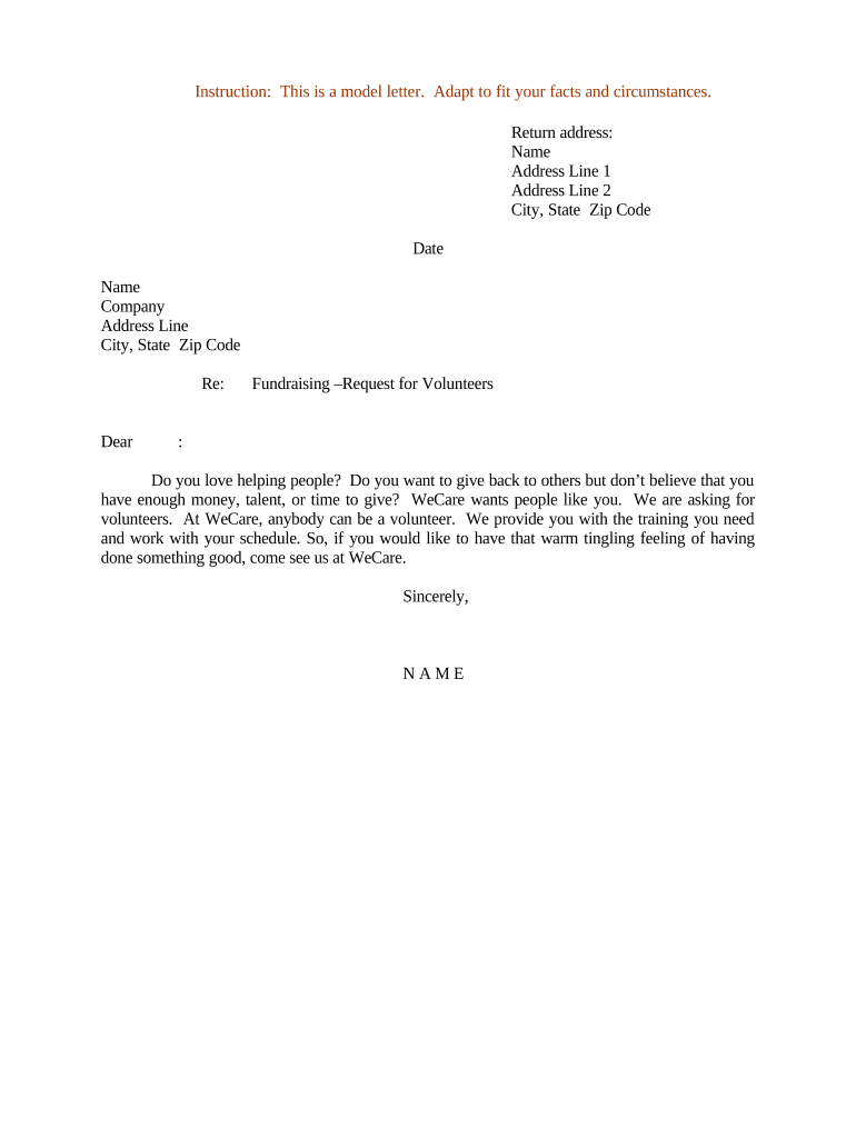 Sample Letter for Fundraising Request for Volunteers  Form