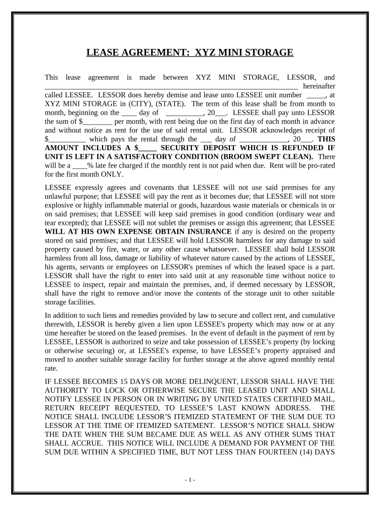 Agreement Mini Storage  Form