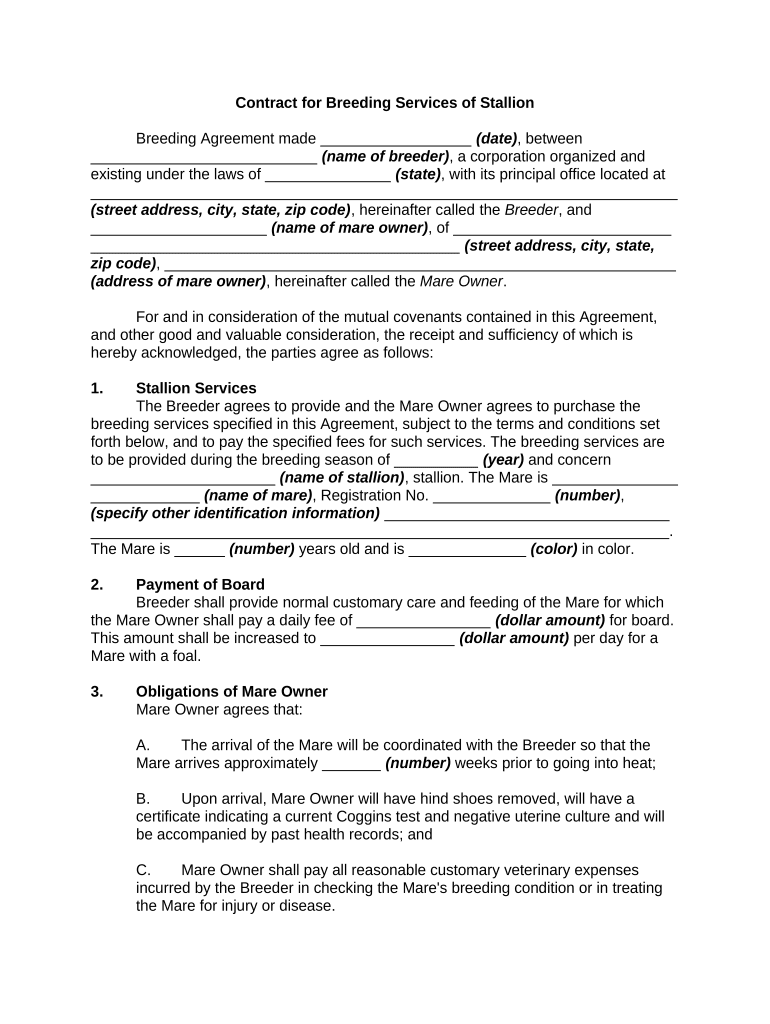 Stallion Breeding Contract Form Fill Out and Sign Printable PDF