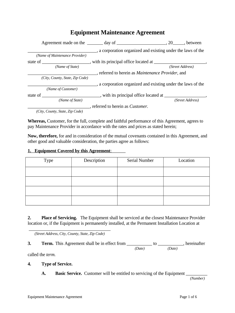 Equipment Maintenance Agreement  Form