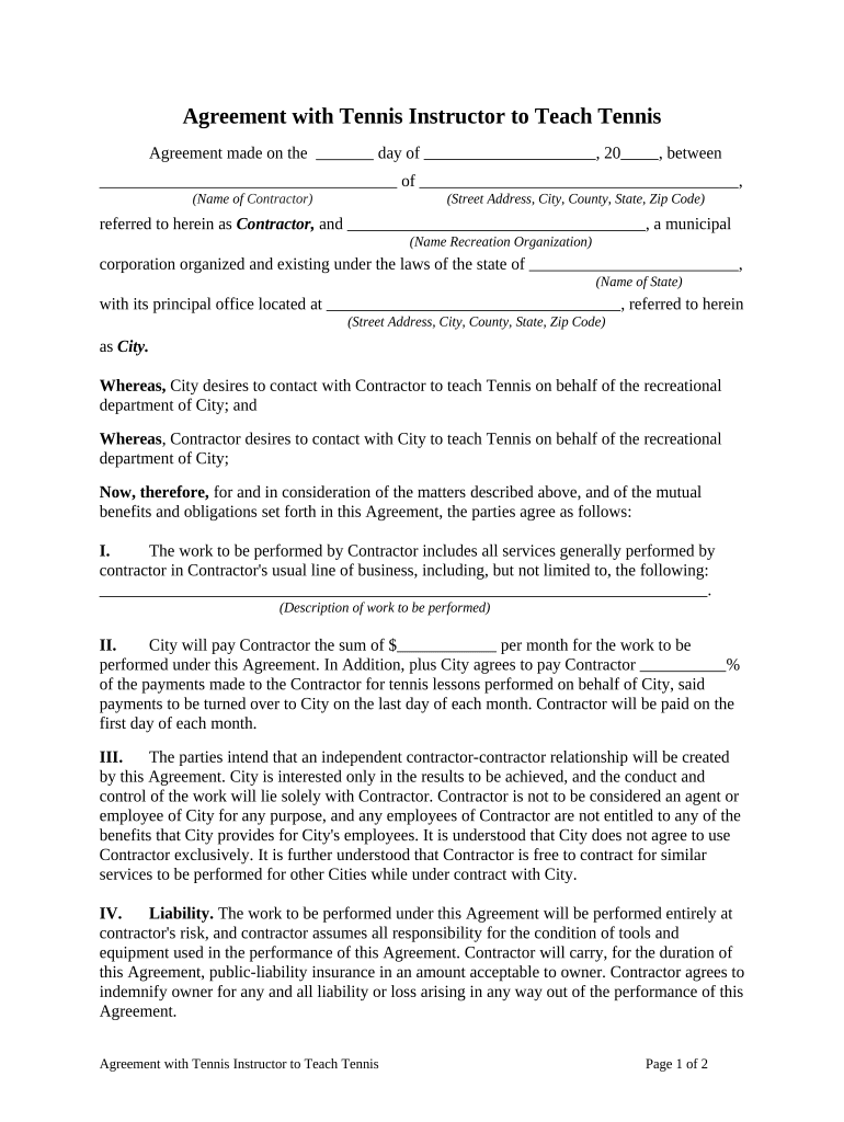 Agreement with Tennis Instructor to Teach Tennis  Form