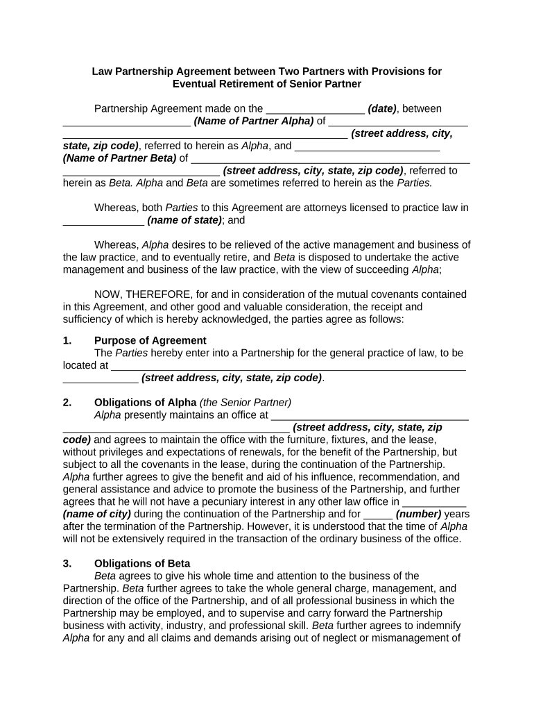 Law Partnership Agreement between Two Partners with Provisions for Eventual Retirement of Senior Partner  Form