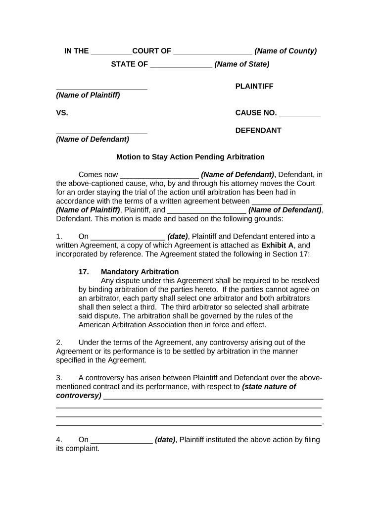 Usdc Western District of Wisconsin Motion to Stay Proceedings Pending Arbitration  Form