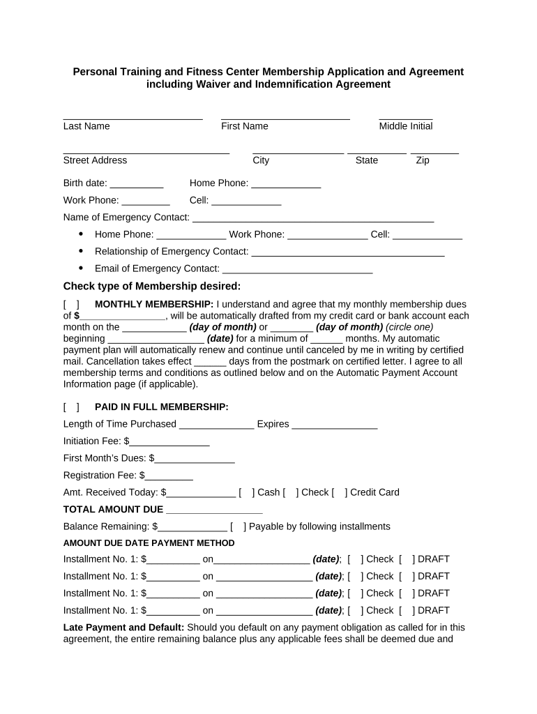 Personal Training or Trainer and Fitness Center Membership Application and Agreement Including Waiver and Indemnification Agreem  Form