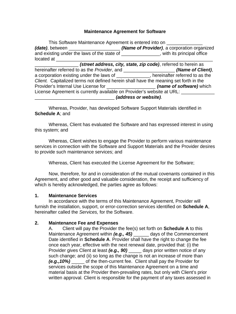 Maintenance Agreement for Software  Form