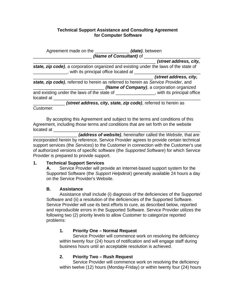 Technical Support Assistance and Consulting Agreement for Computer Software  Form