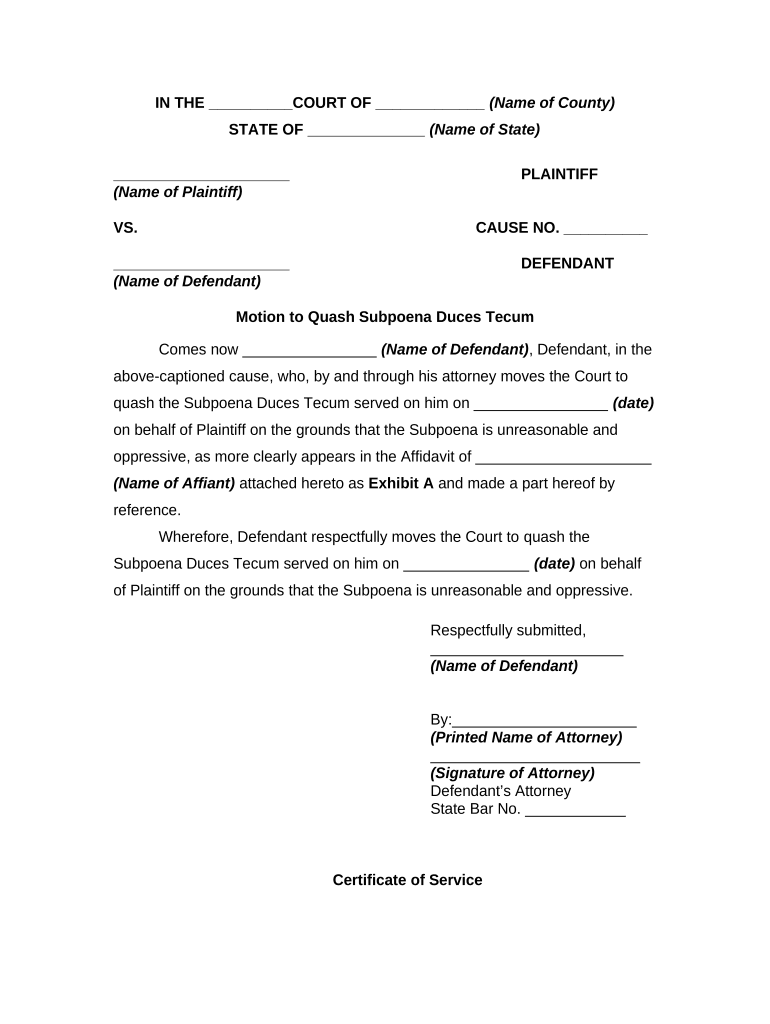 Quash Subpoena  Form