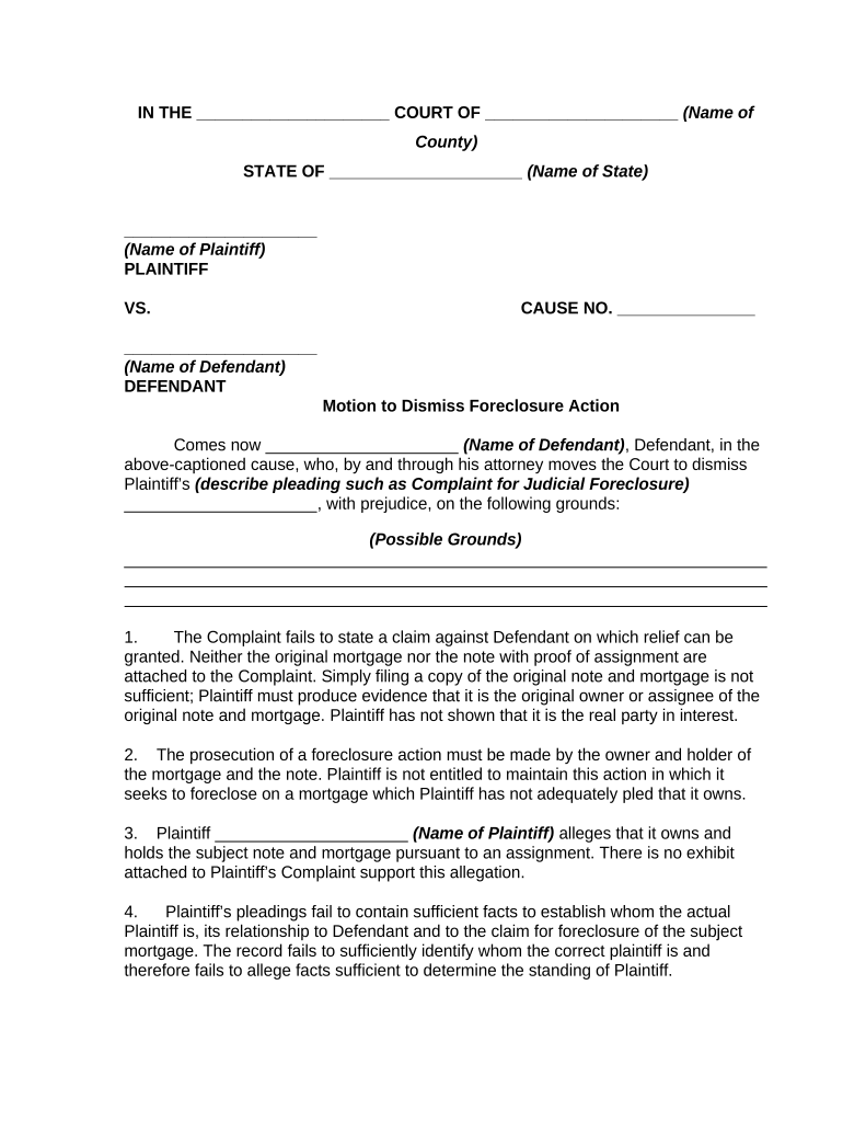 Motion to Dismiss Foreclosure Action and Notice of Motion  Form