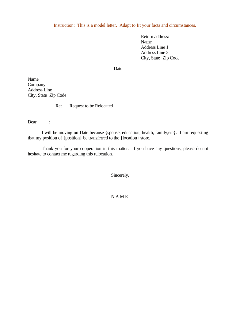 Sample Letter for Request to Be Relocated  Form