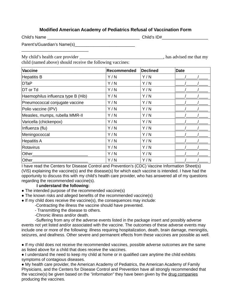 Modified American Academy of Pediatrics Refusal of Vaccination Form AAP