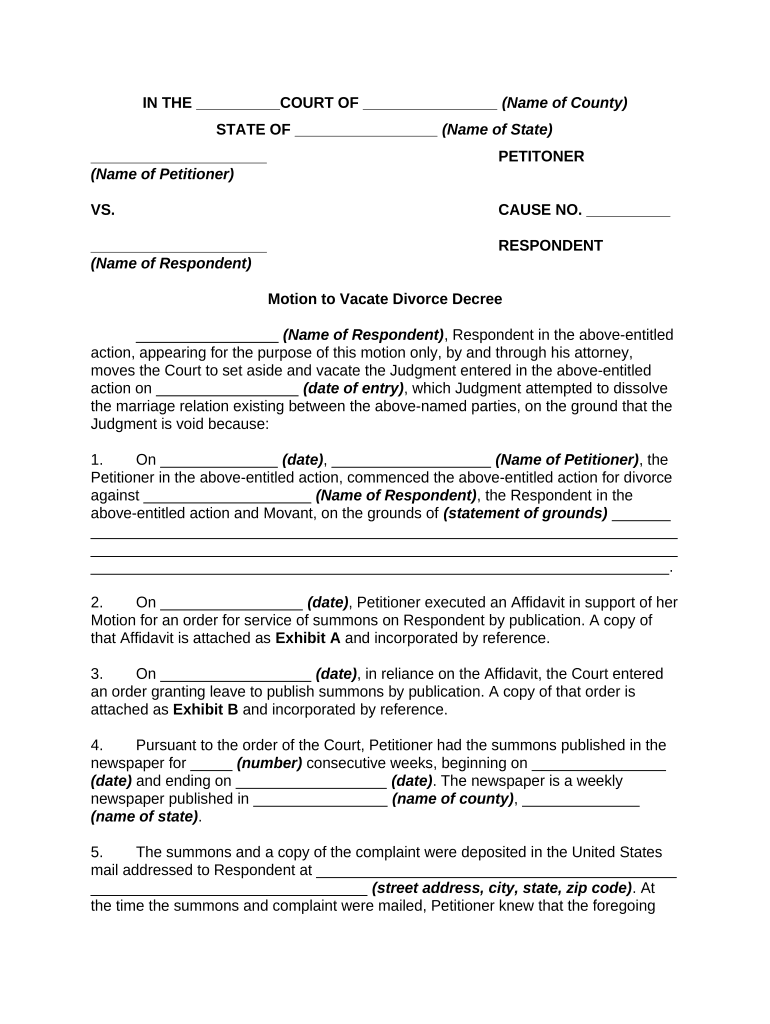 Motion Vacate Divorce Decree  Form