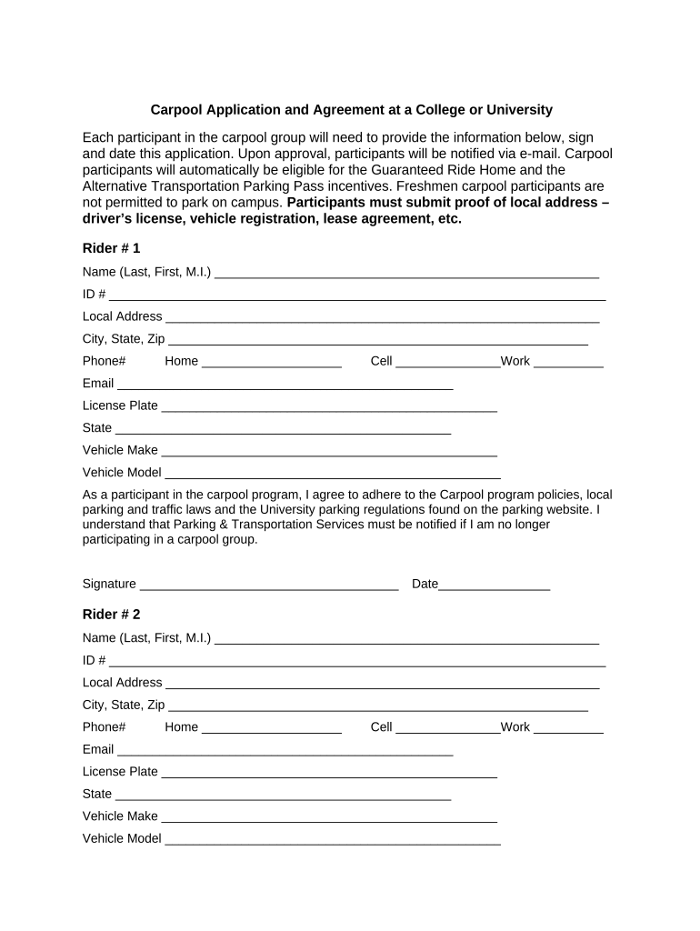 Carpool Application and Agreement at a College or University Ride Sharing  Form