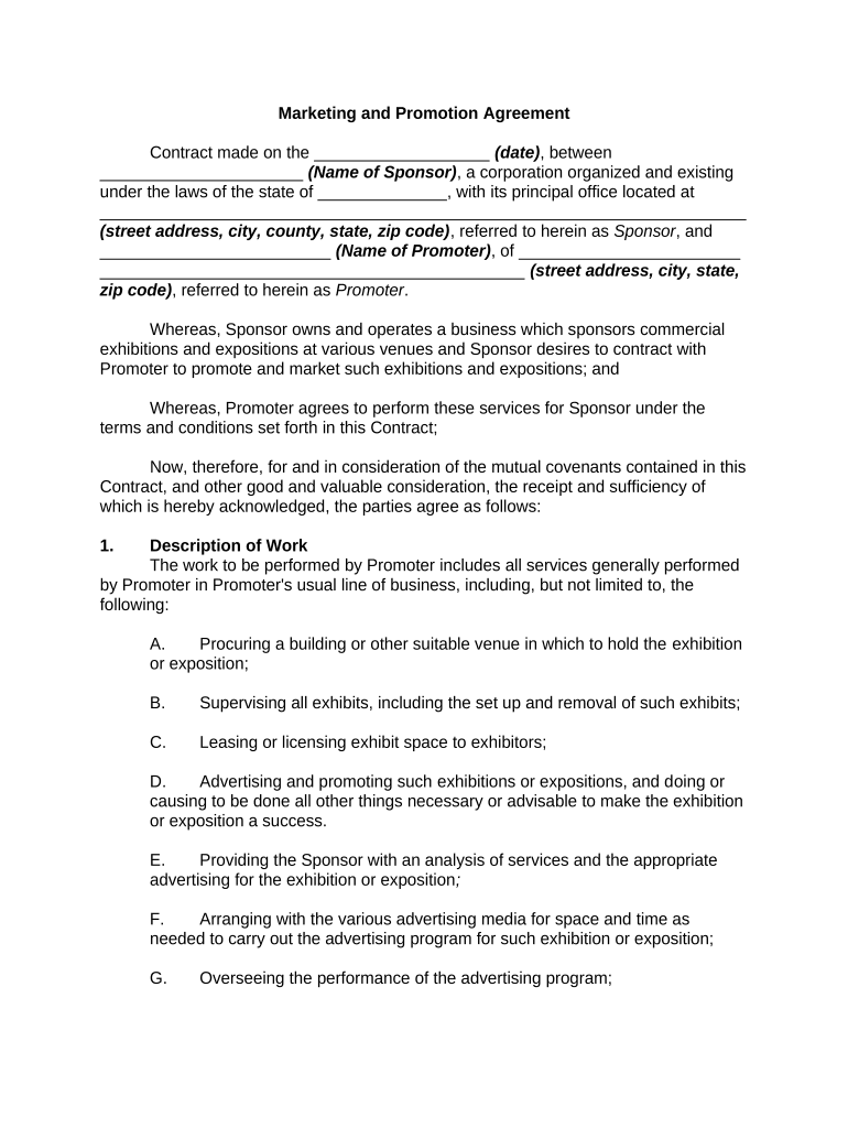 Marketing and Promotion Agreement  Form