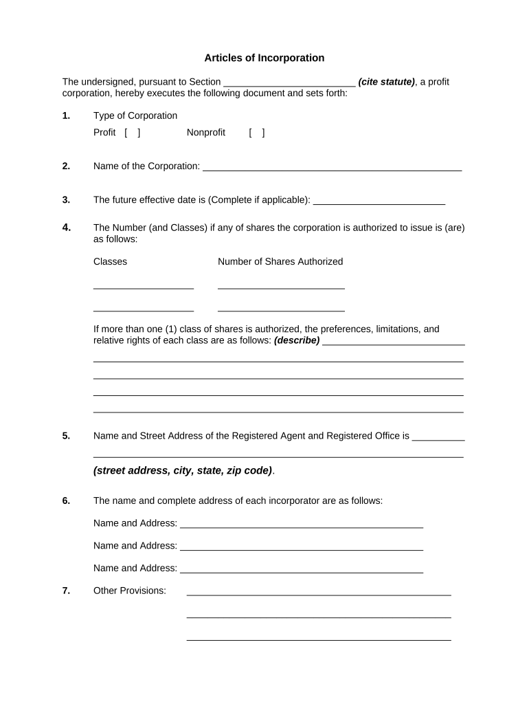 Incorporation Articles  Form