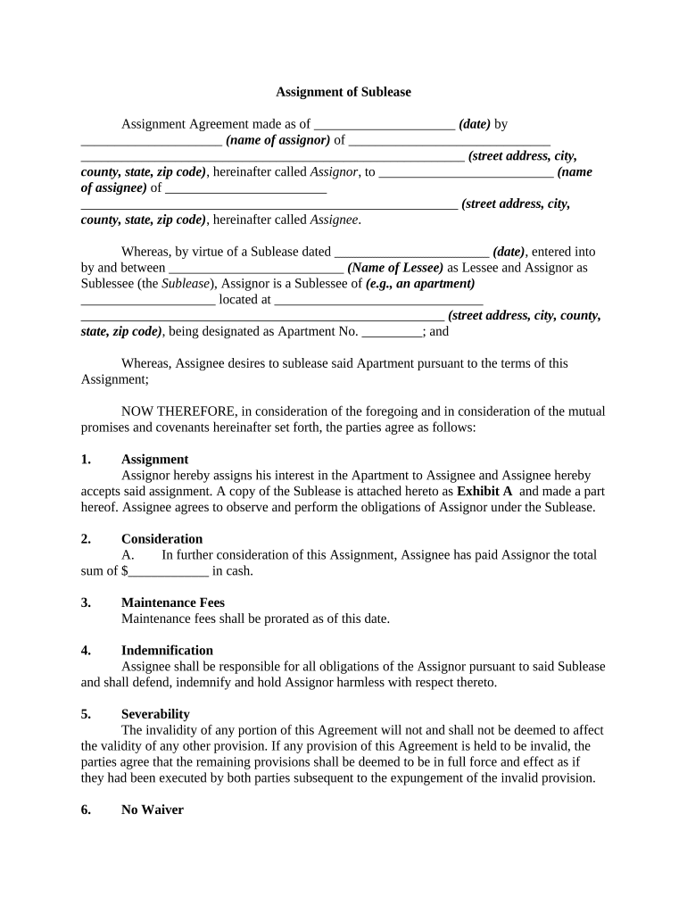 Assignment Sublease  Form