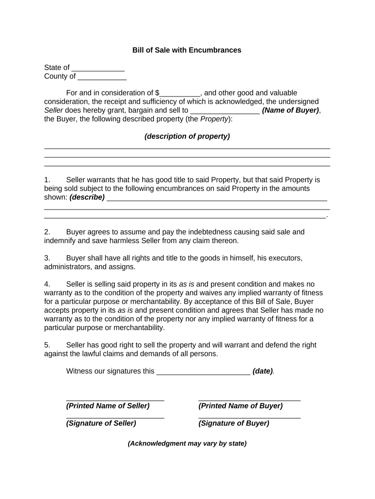 Bill of Sale with Encumbrances  Form