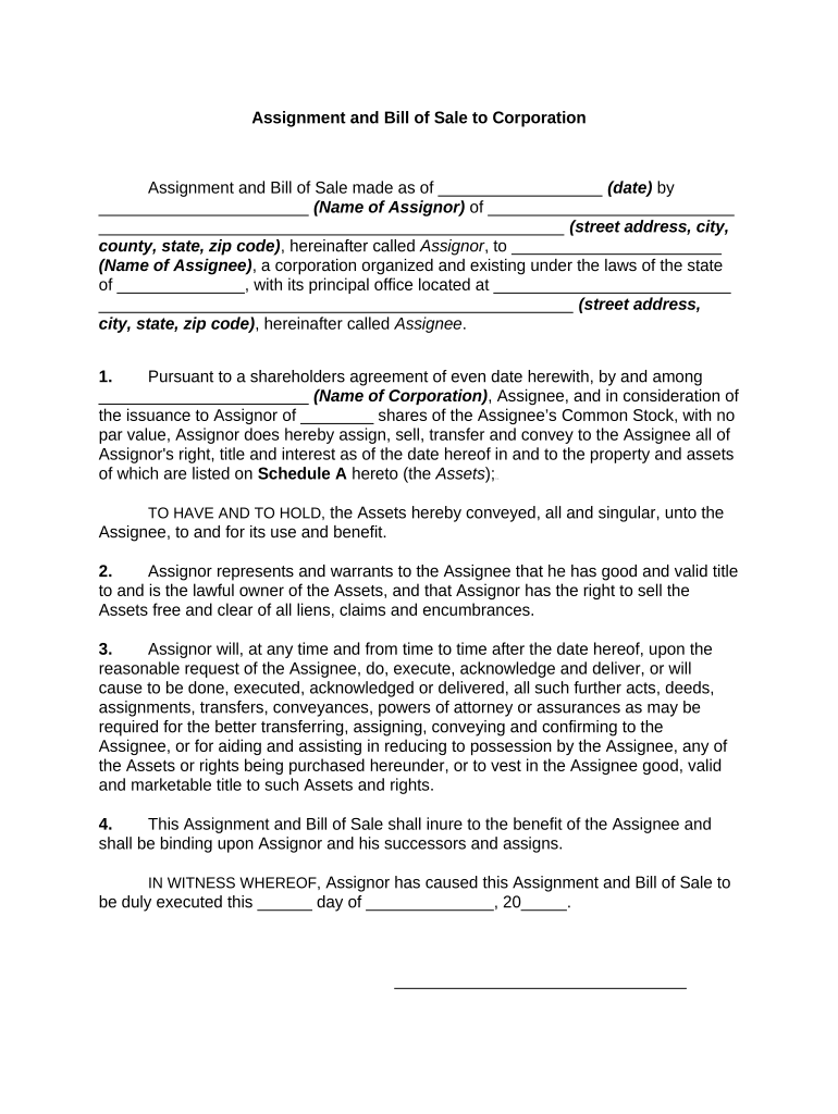 Assignment and Bill of Sale to Corporation  Form