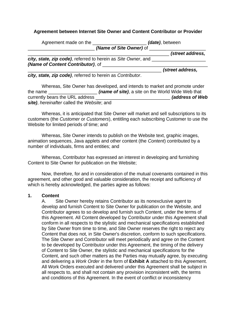 Agreement between Internet Site Owner and Content Contributor or Provider  Form