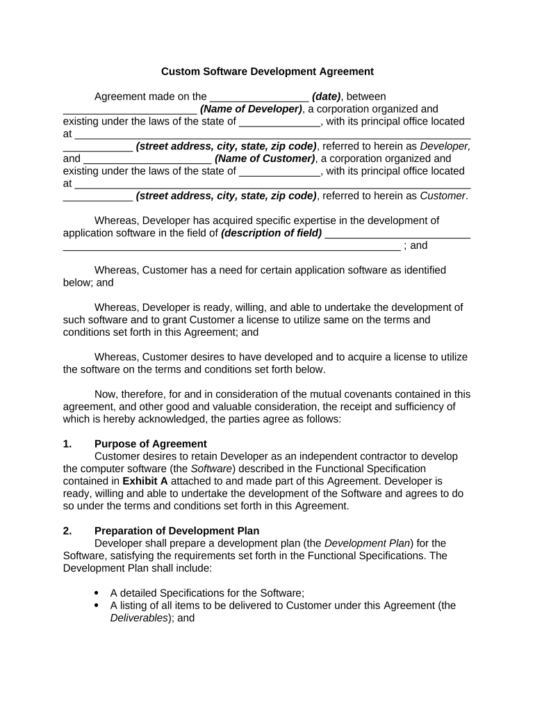 Custom Software Development Agreement  Form