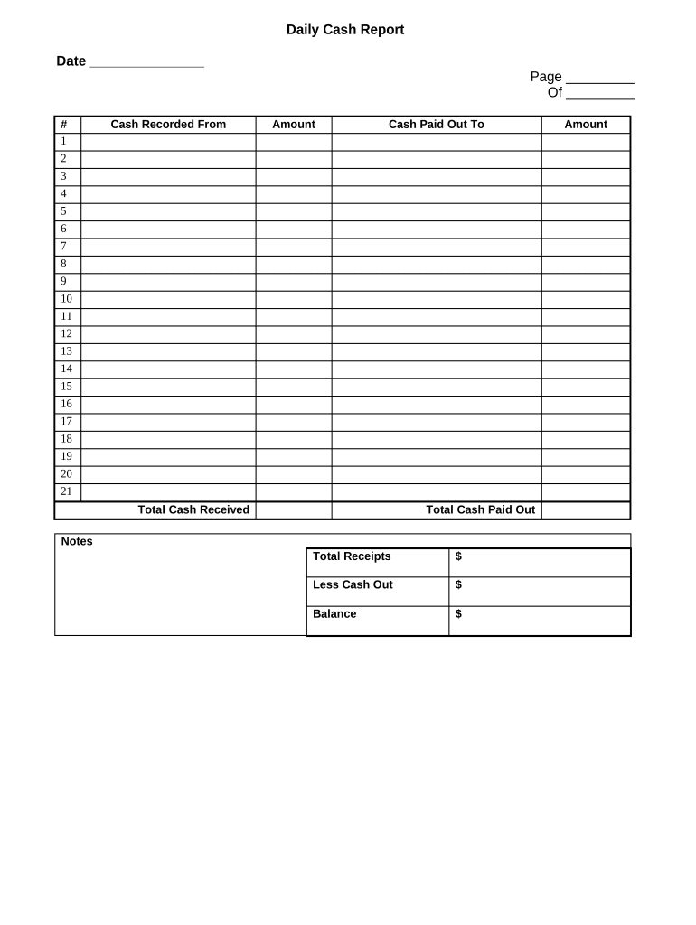 Daily Cash Report  Form