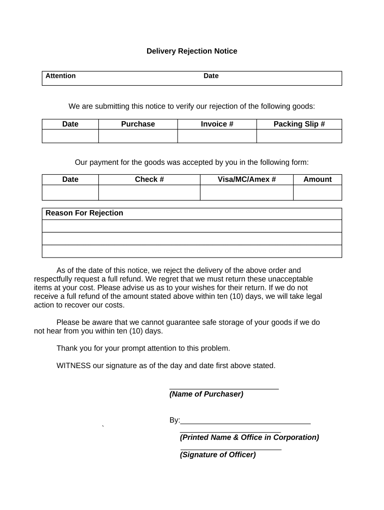 Delivery Rejection  Form