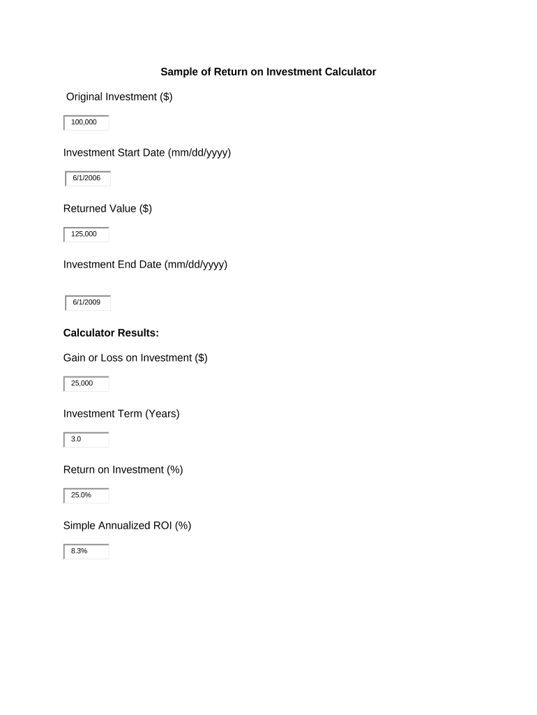 Sample of Return on Investment Calculator ROI  Form