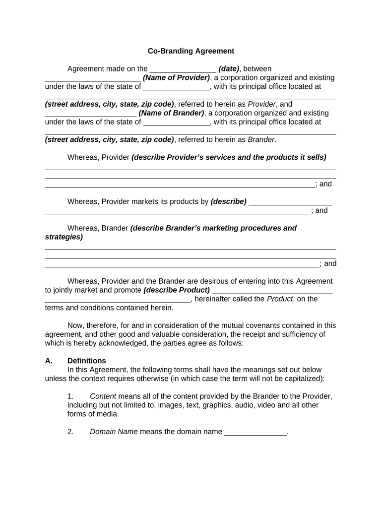 Co Branding Agreement Template  Form