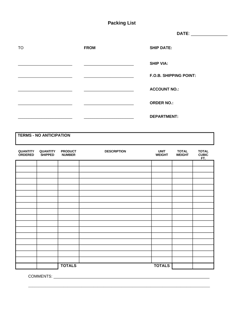 Packing List  Form