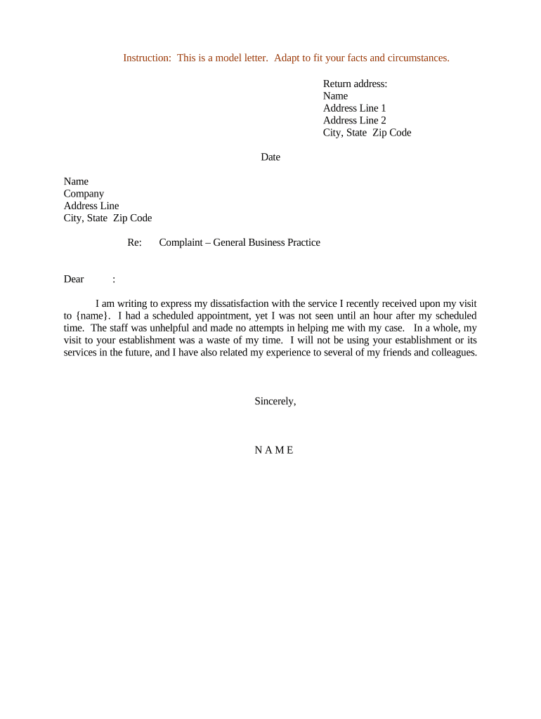 Business Letter Sample of Complaint  Form