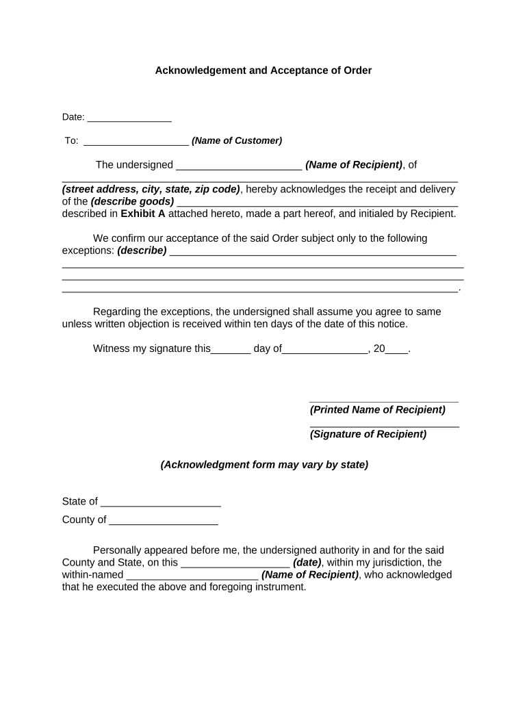 Order Acknowledgement  Form