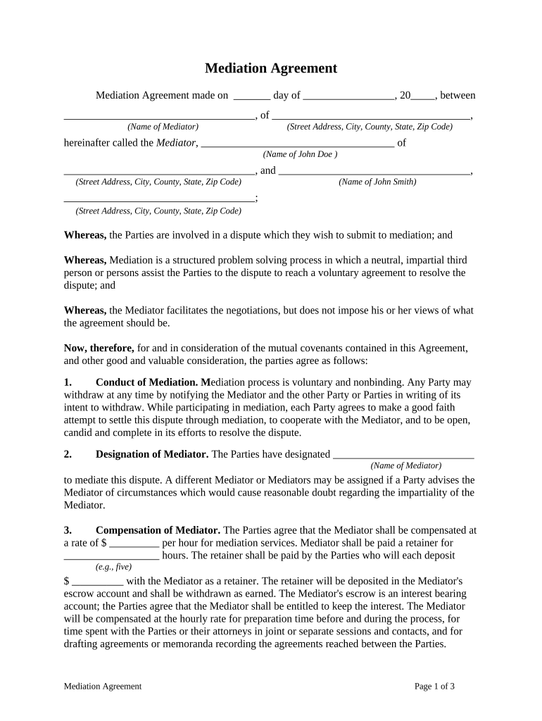 Mediation Agreement Template  Form
