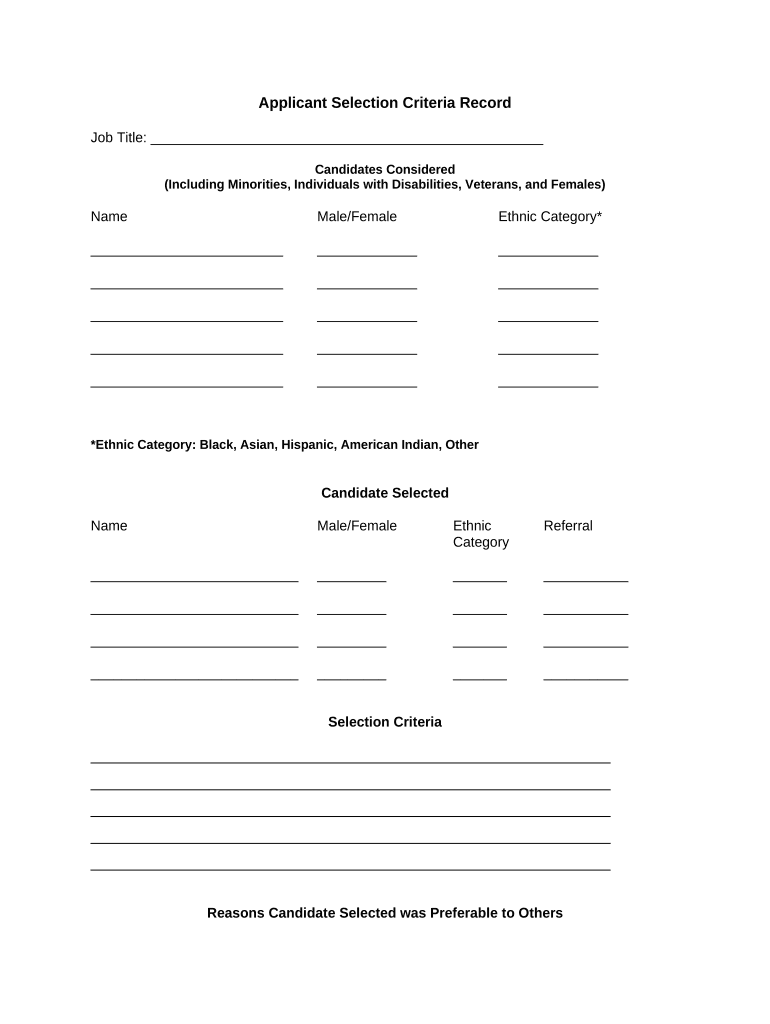 Applicant Selection Criteria Record  Form