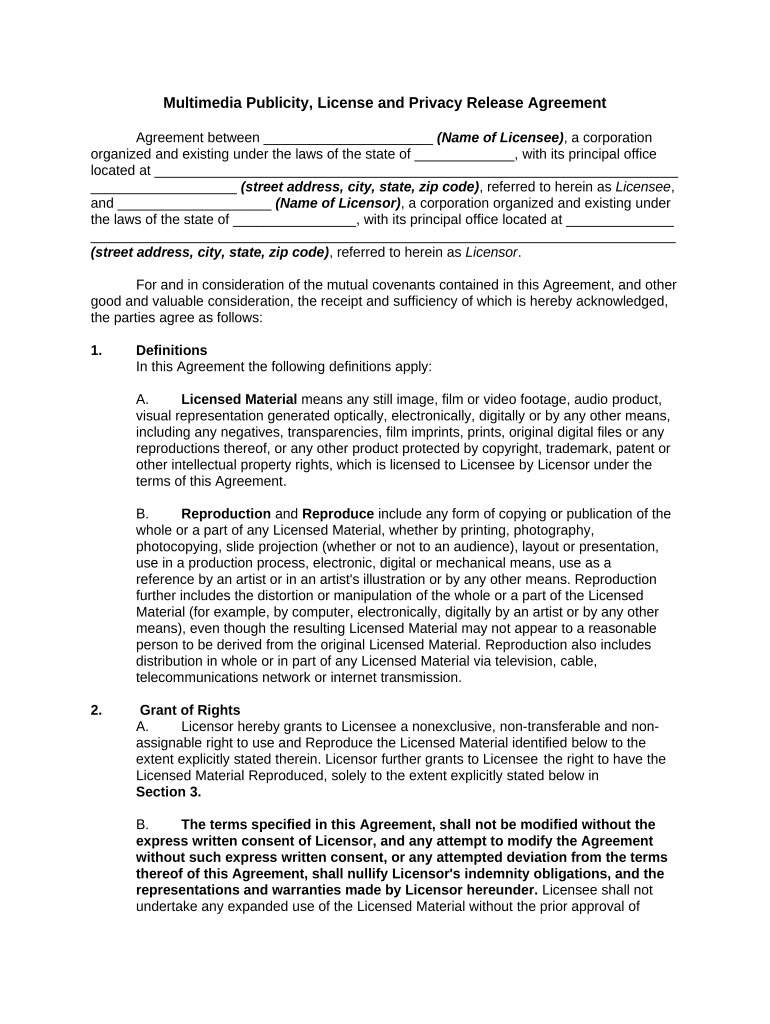Publicity Agreement  Form
