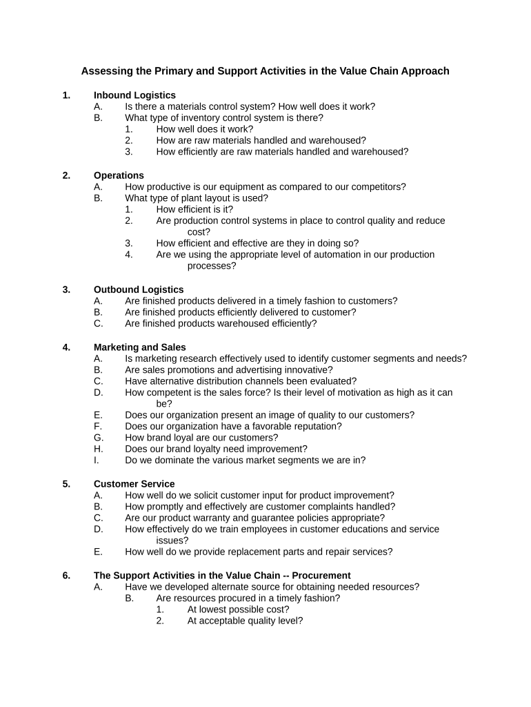 Assessing the Primary and Support Activities in the Value Chain Approach  Form