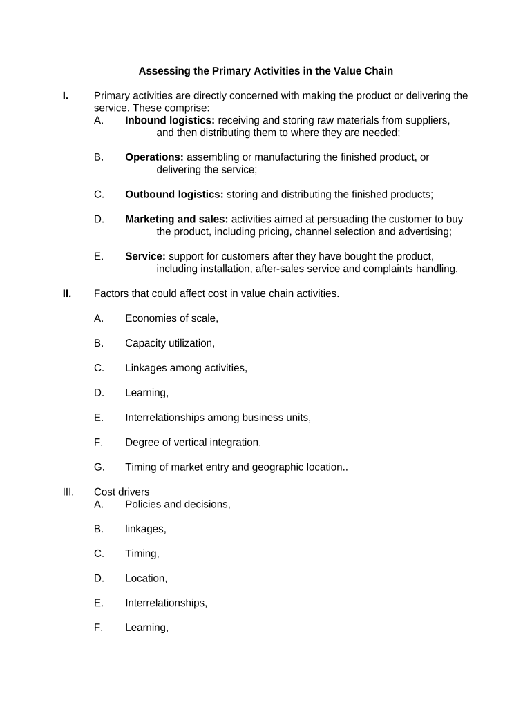 Assessing the Primary Activities in the Value Chain  Form