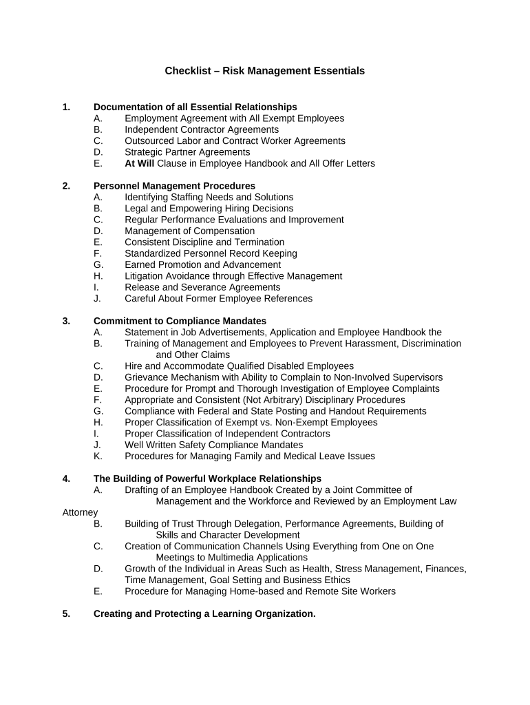 Checklist Risk Management Essentials  Form