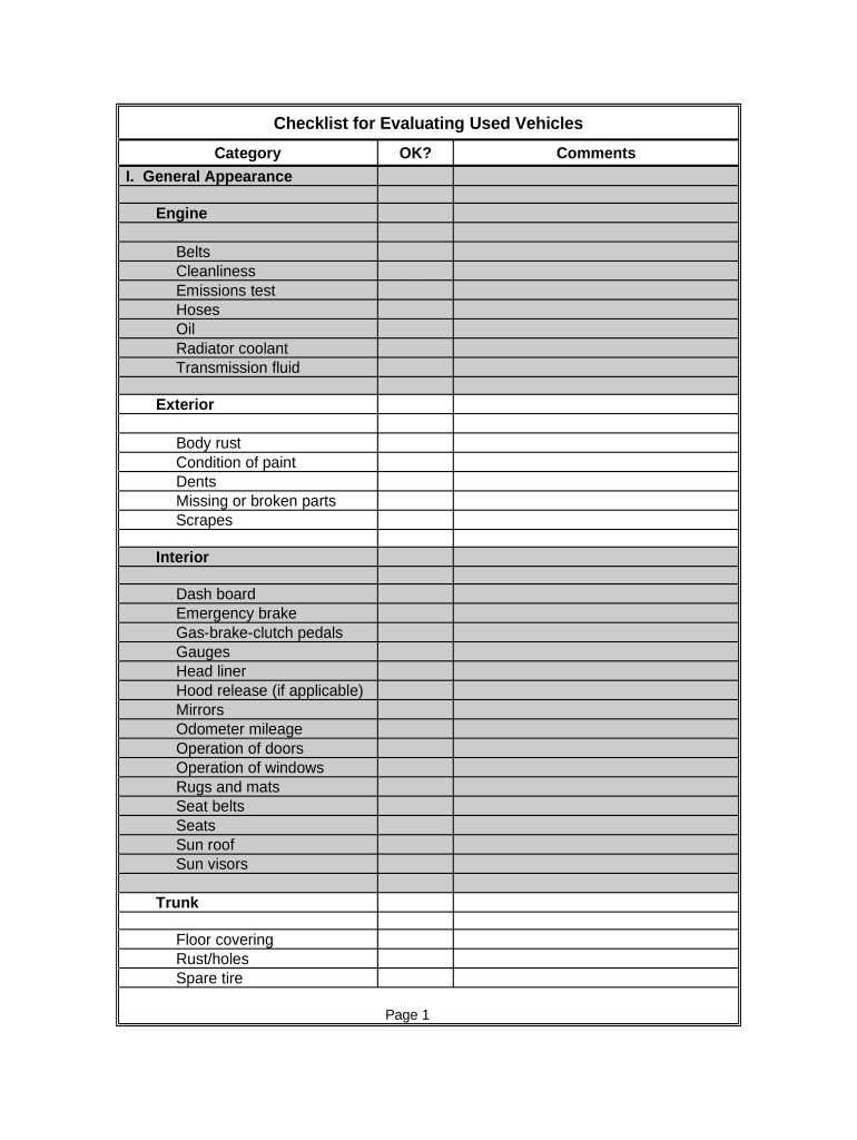 Checklist for Evaluating Used Vehicles or Cars  Form