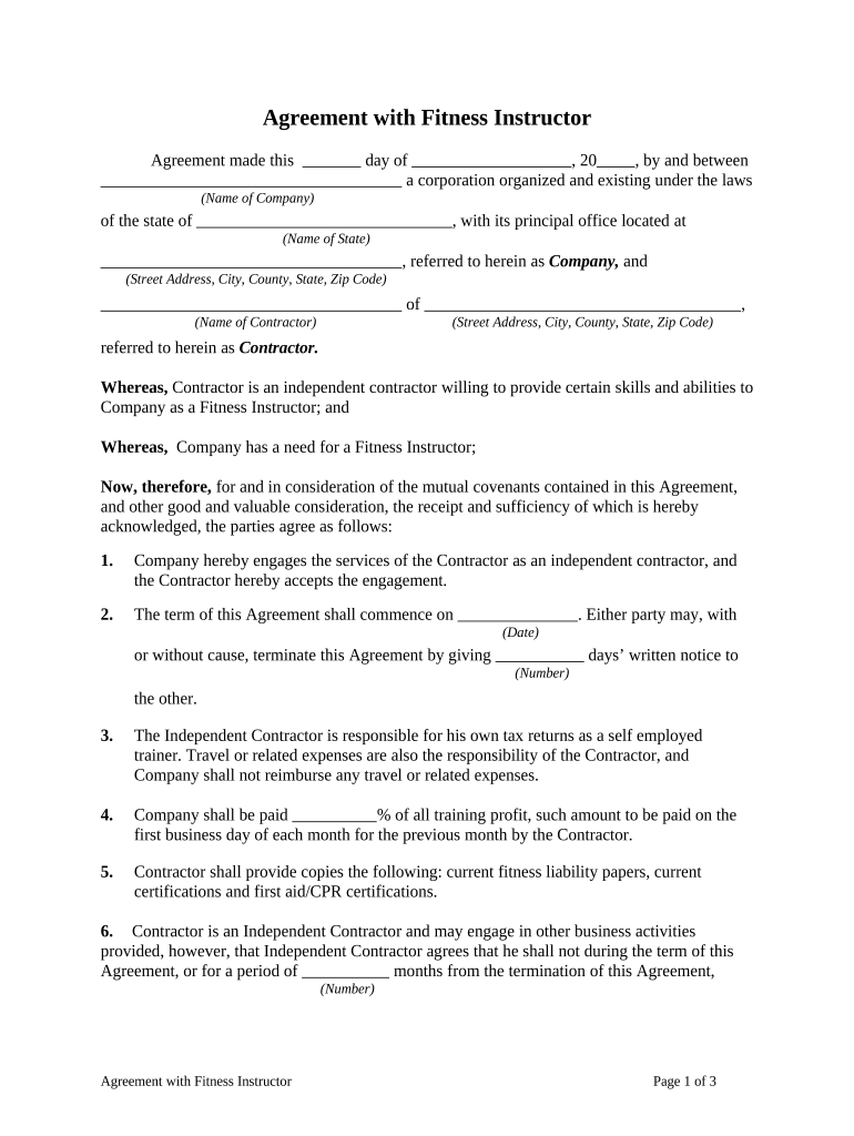 Agreement Fitness Contract  Form