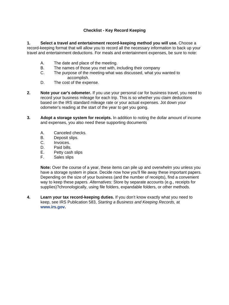 Checklist Key Record Keeping  Form