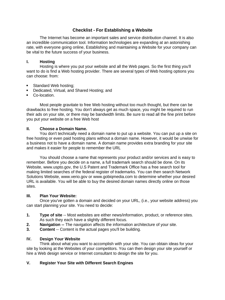 Checklist for Establishing a Website  Form
