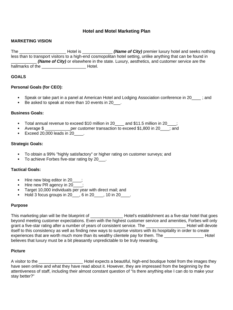 Hotel and Motel Marketing Plan  Form